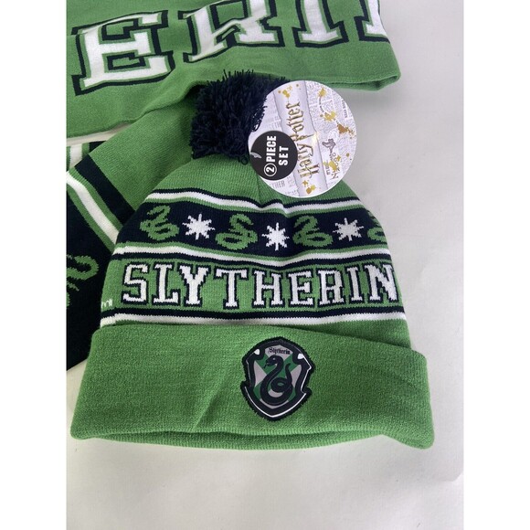 Harry Potter Slytherin Logo Knit Cuff Pom Beanie Hat Cap and Scarf Set 2 Piece - Picture 2 of 8